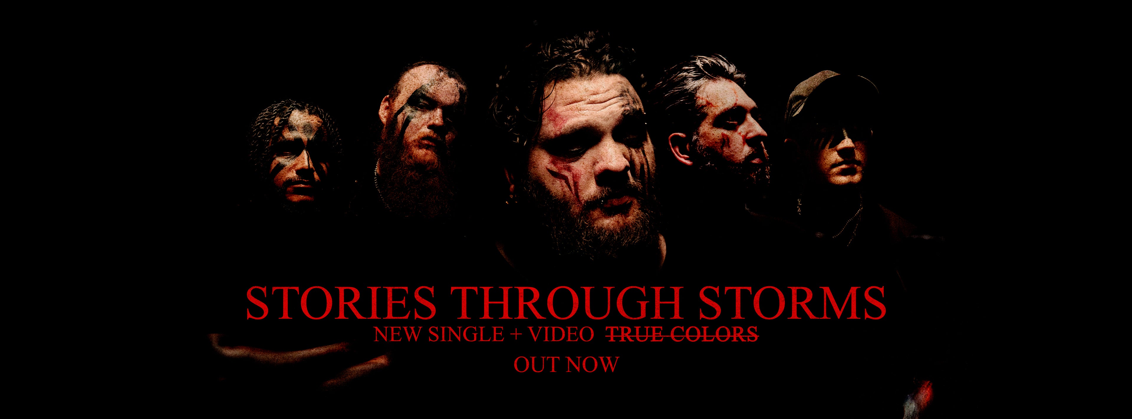 Promotional image for 'Stories Through Storms' with five faces and text on a dark background